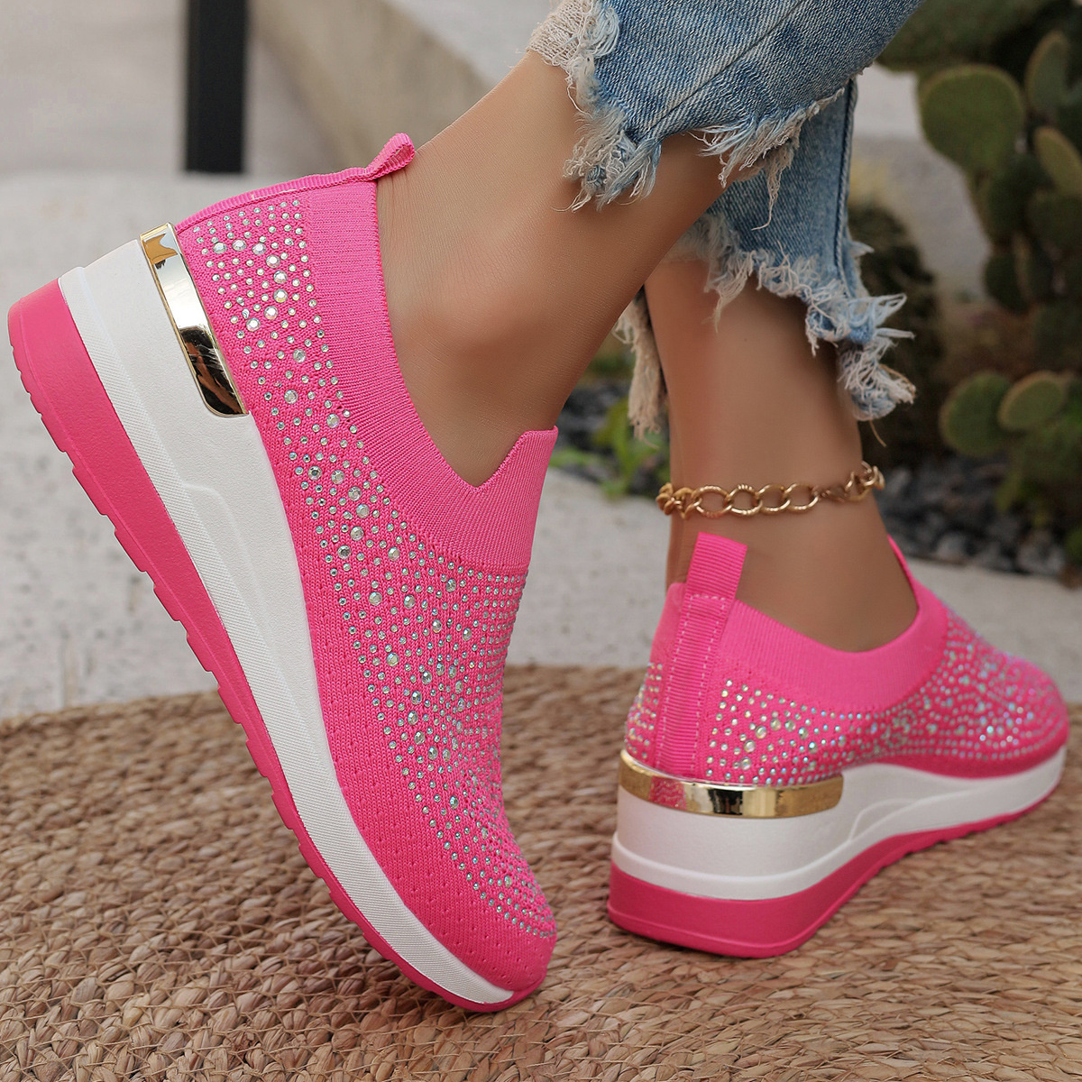 Rhinestone Round Toe Slip-Ons