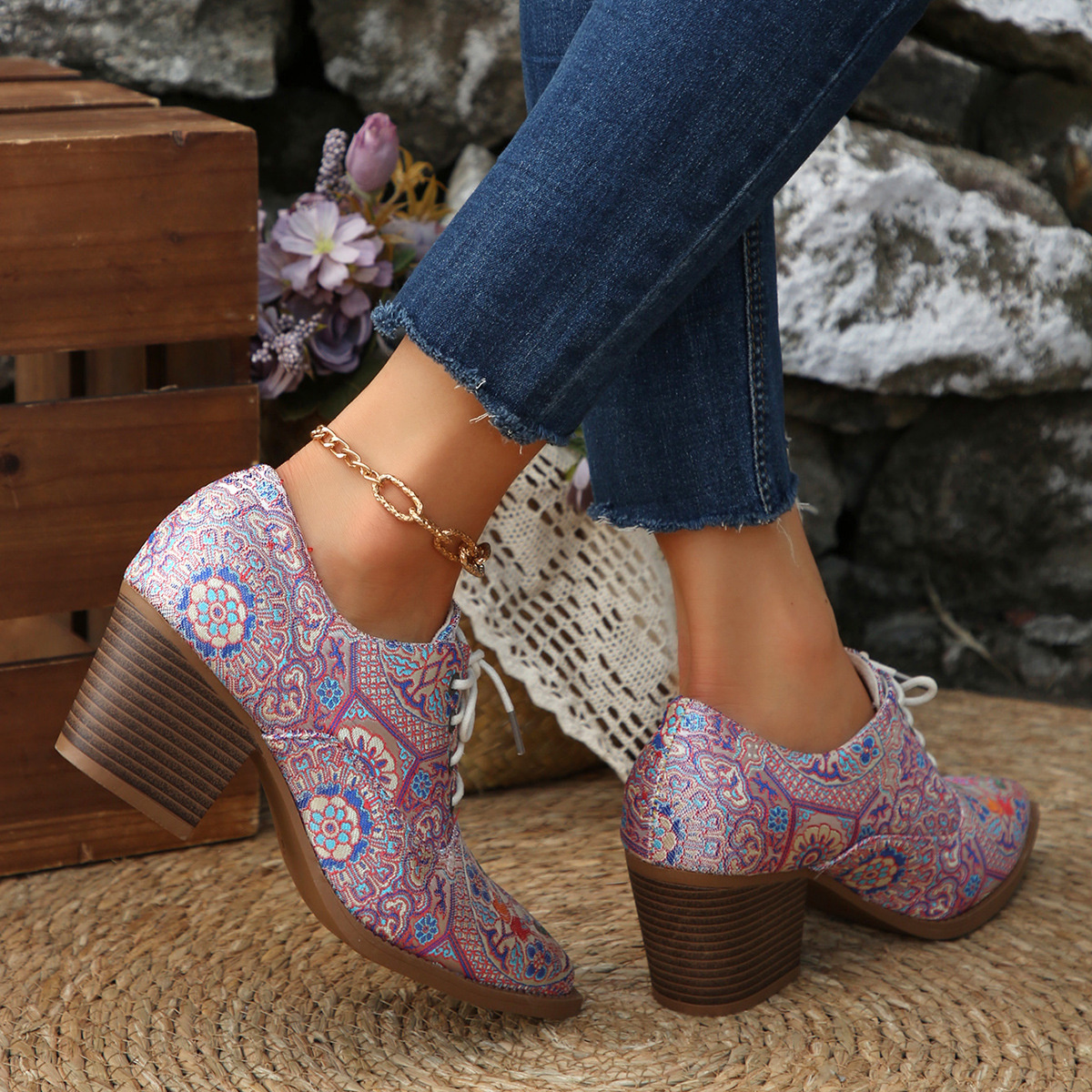 Point Toe Block Heels Ankle Boots