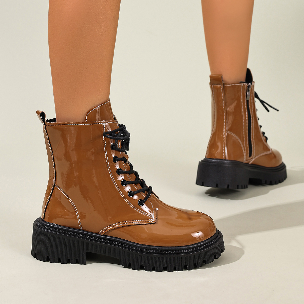Lace Up Block Heels Boots