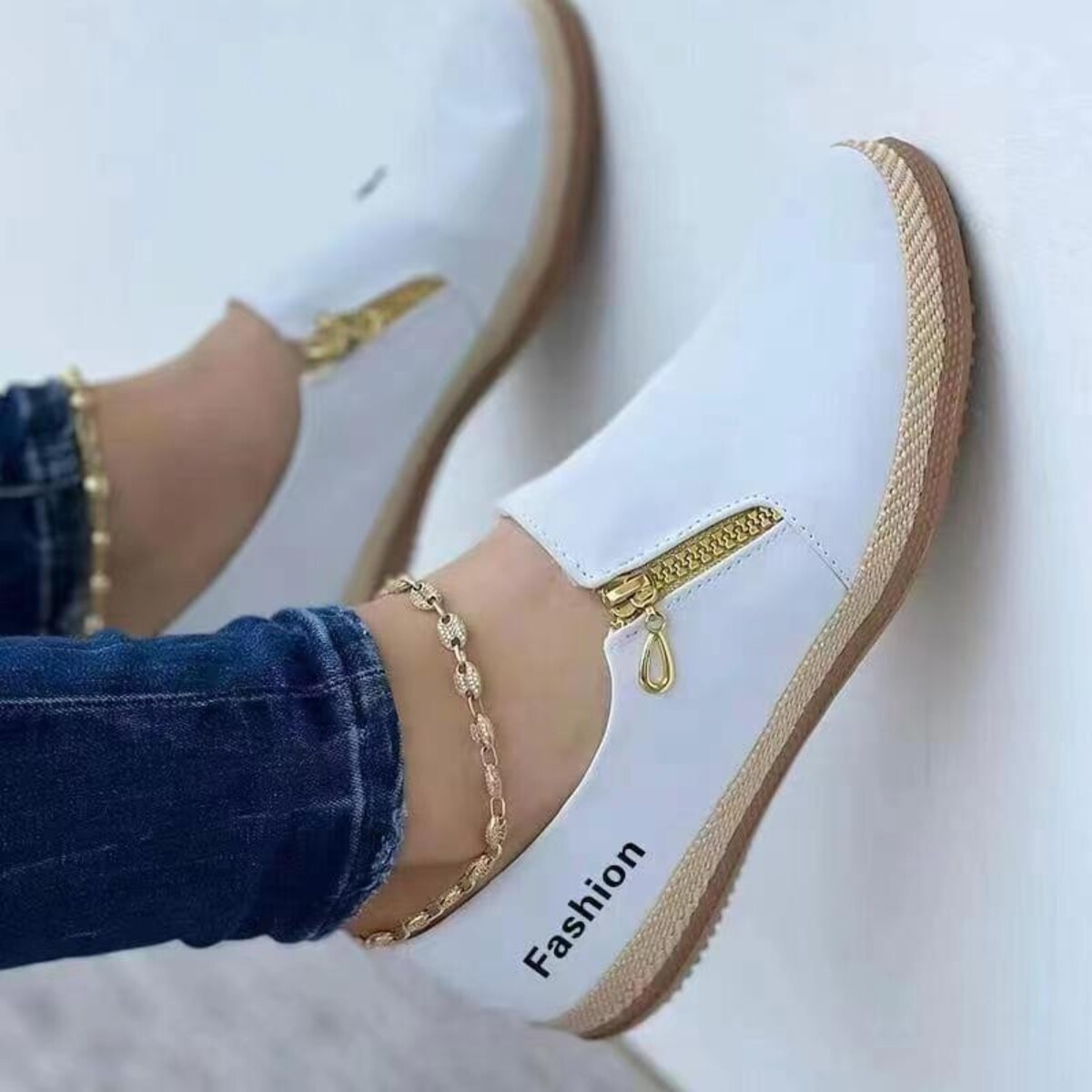 Zip Detail Round Toe Slip-Ons