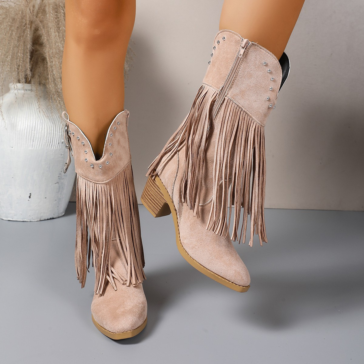 Fringe Round Toe Block Heels Boots
