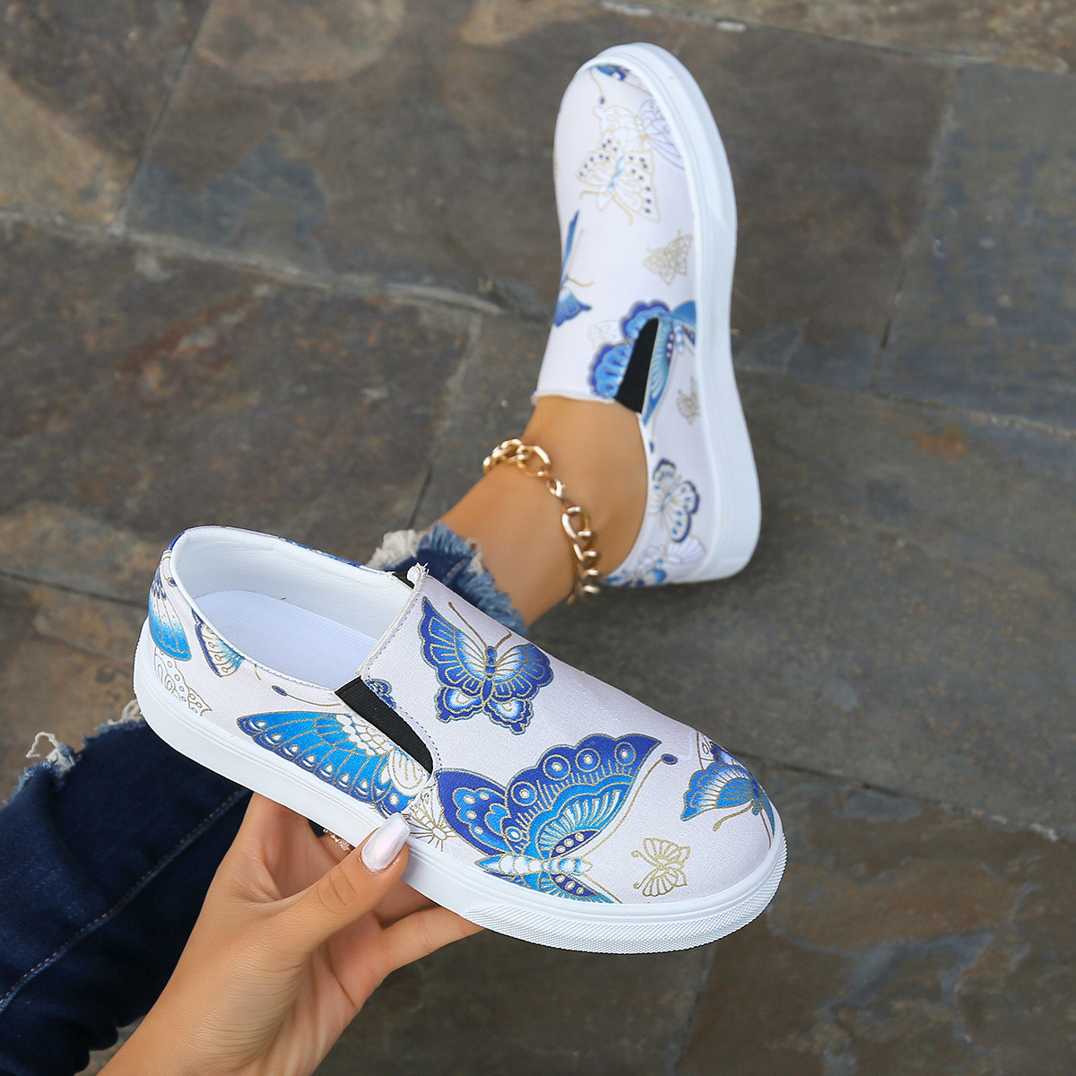 Butterfly Print Round Toe Slip-Ons