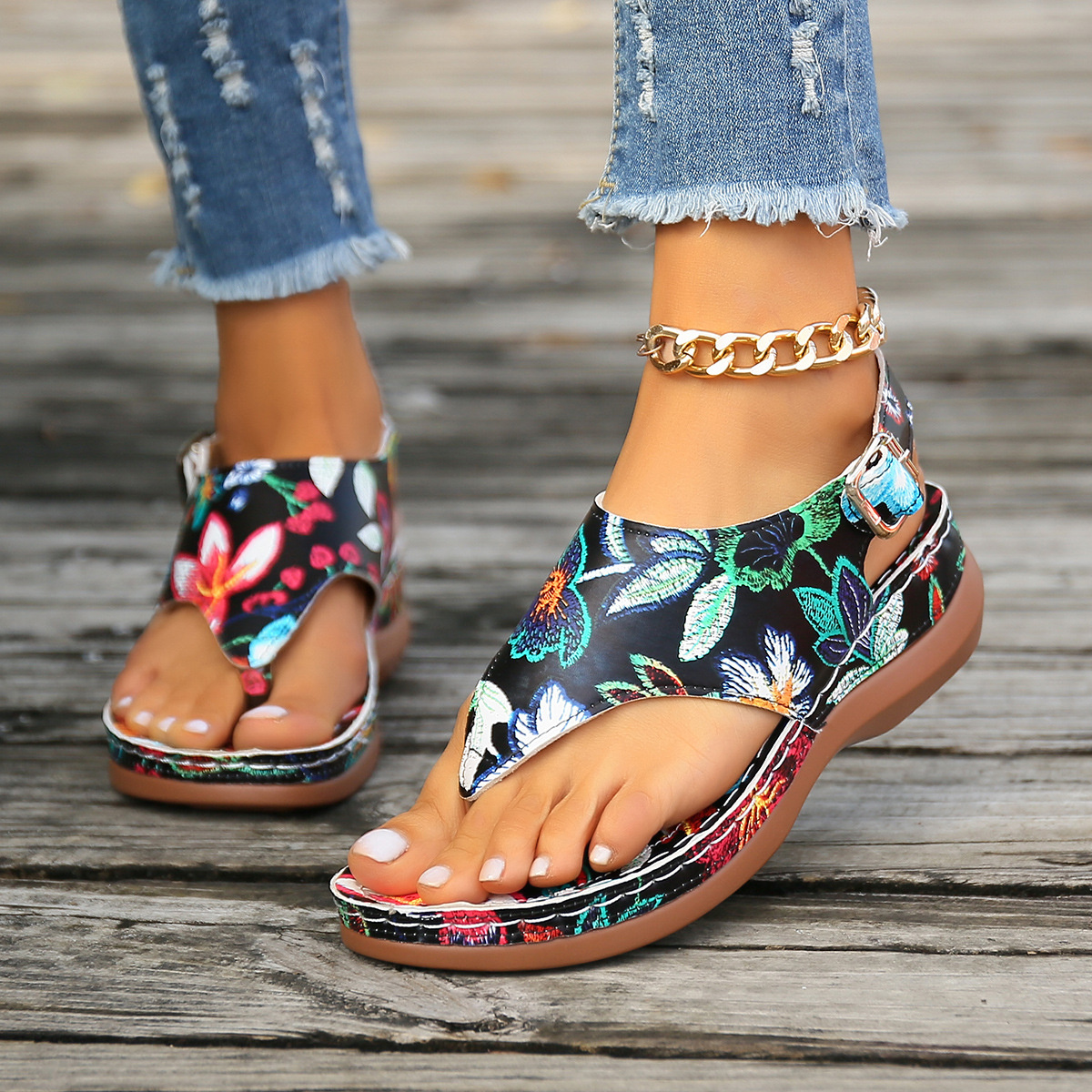 Floral Thong Wedge Sandals