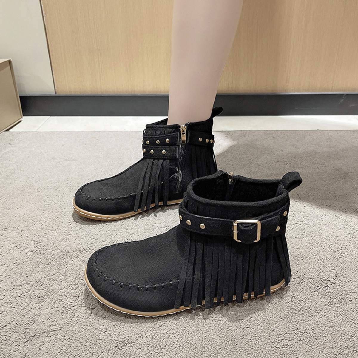 Fringe Round Toe Flats Boots