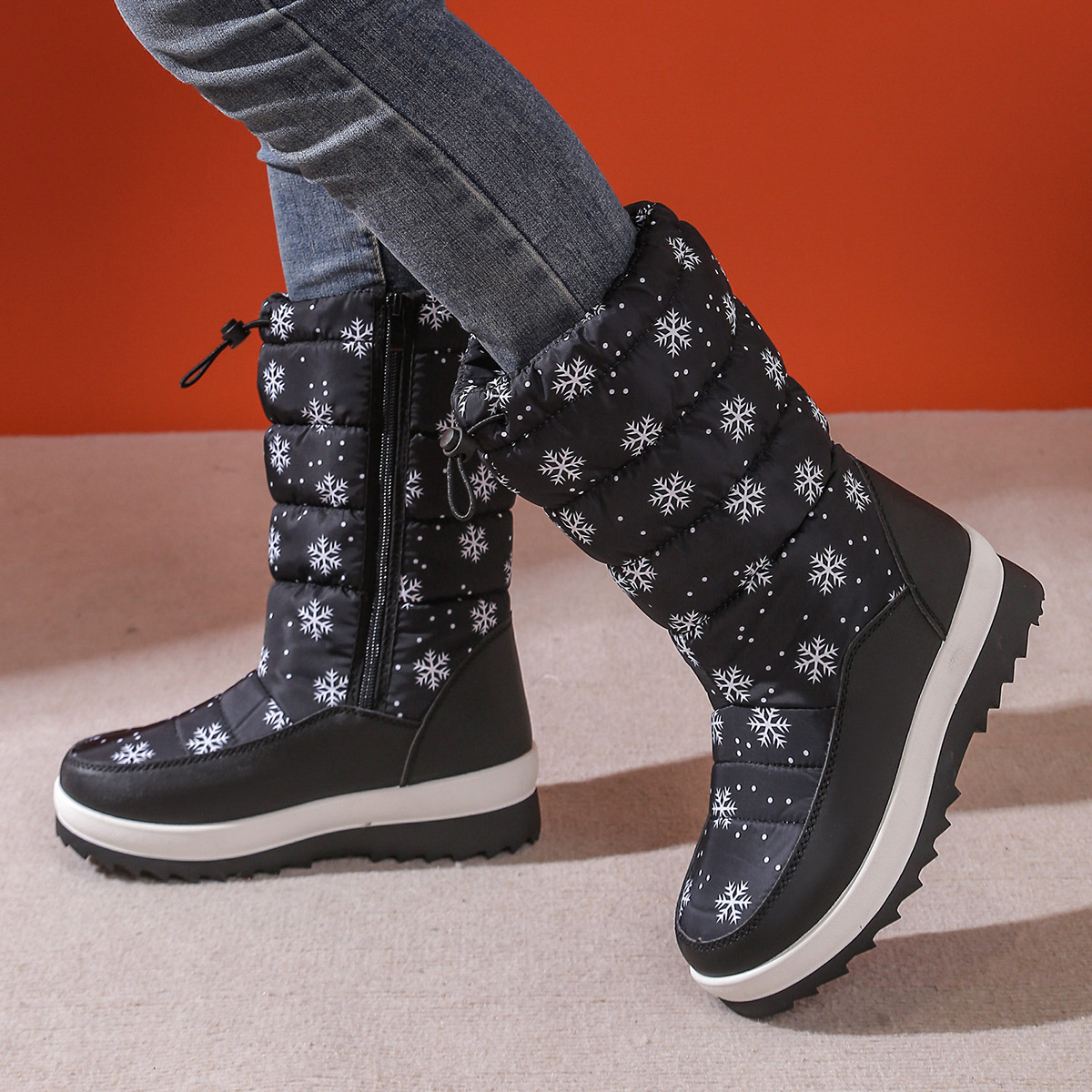 Snowflake Pattern Platform Winter Boots with Adjustable Drawstring