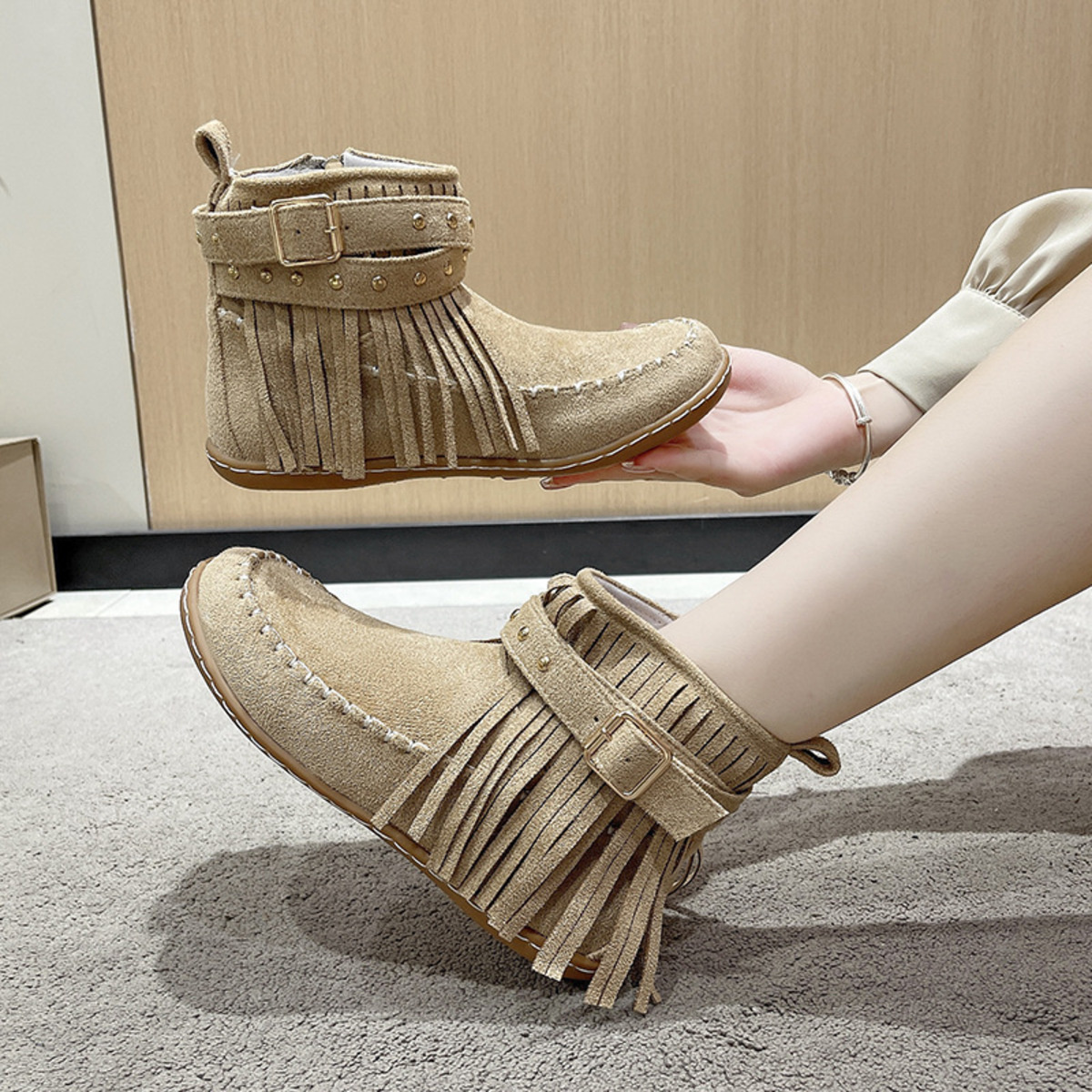 Fringe Round Toe Flats Boots
