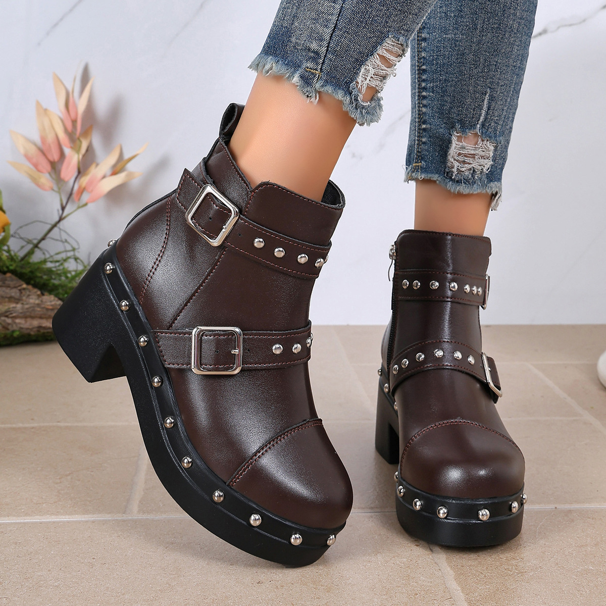 Round Toe Block Heels Boots