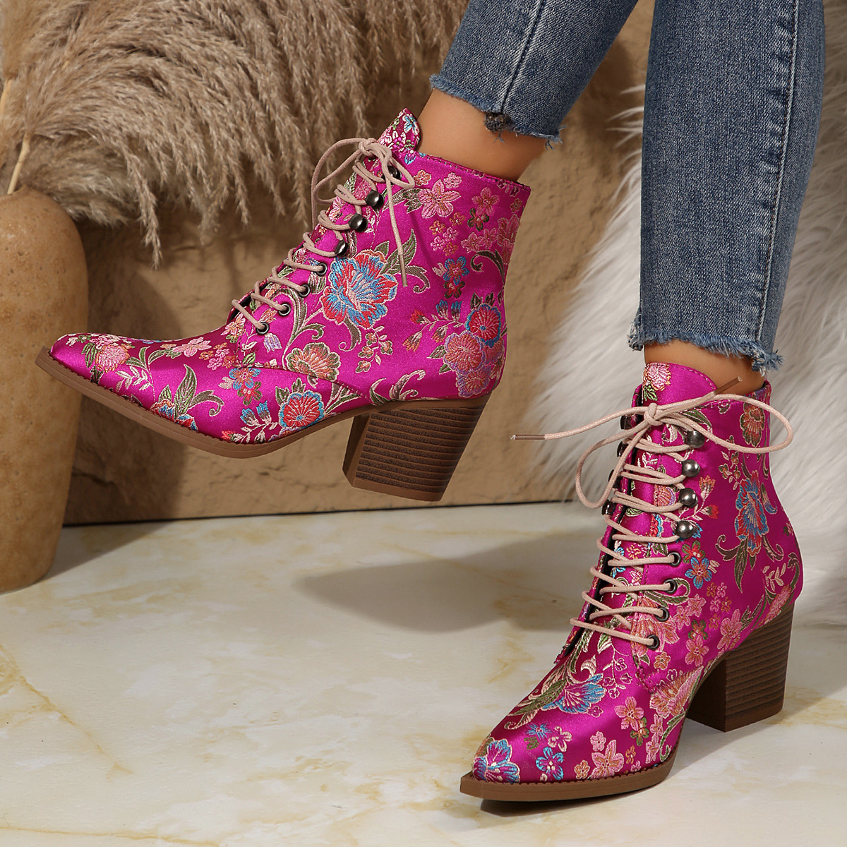 Point Toe Block Heels Boots