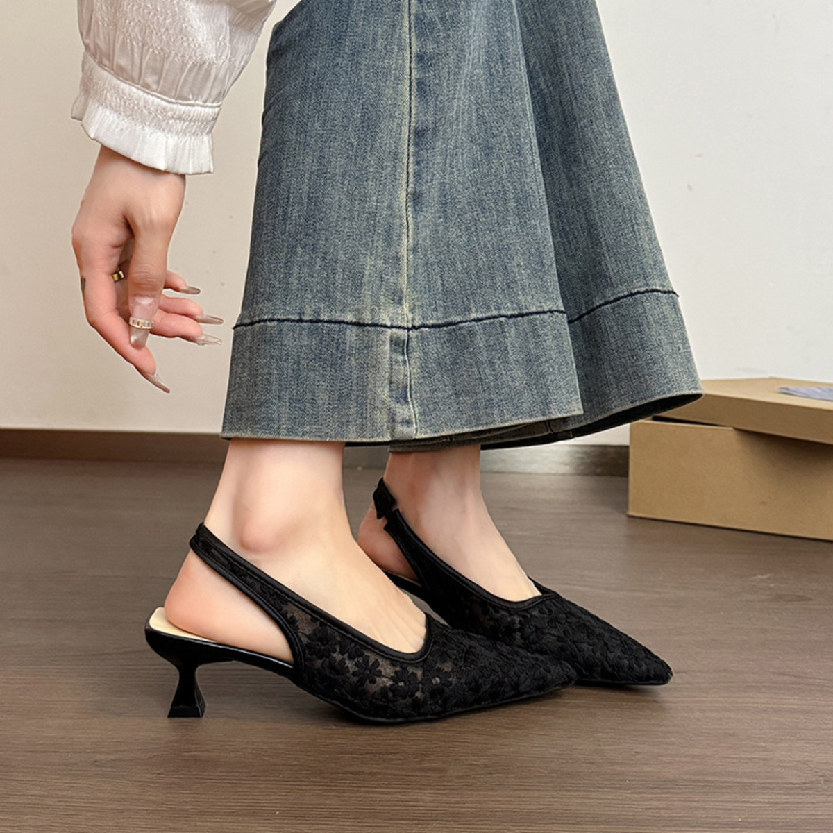 Lace Pointed-Toe Slingback Pumps