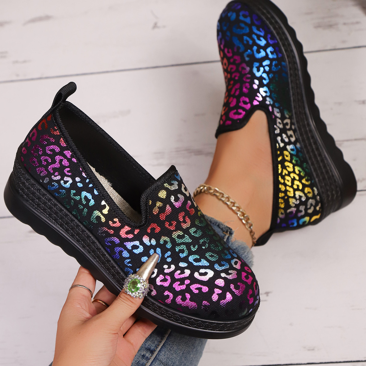 Leopard Round Toe Wedge Slip-Ons