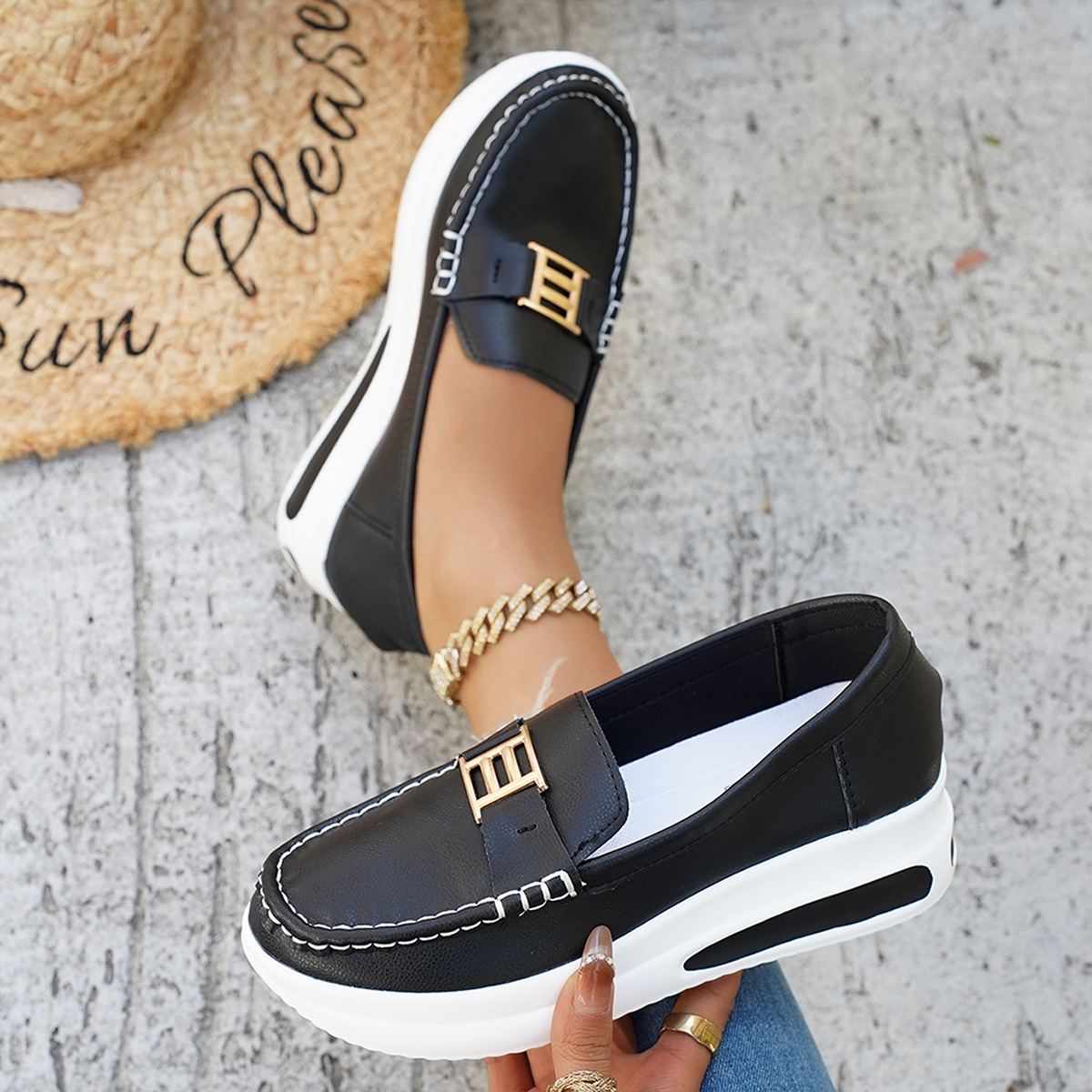 Metal Buckle Round Toe Slip-Ons