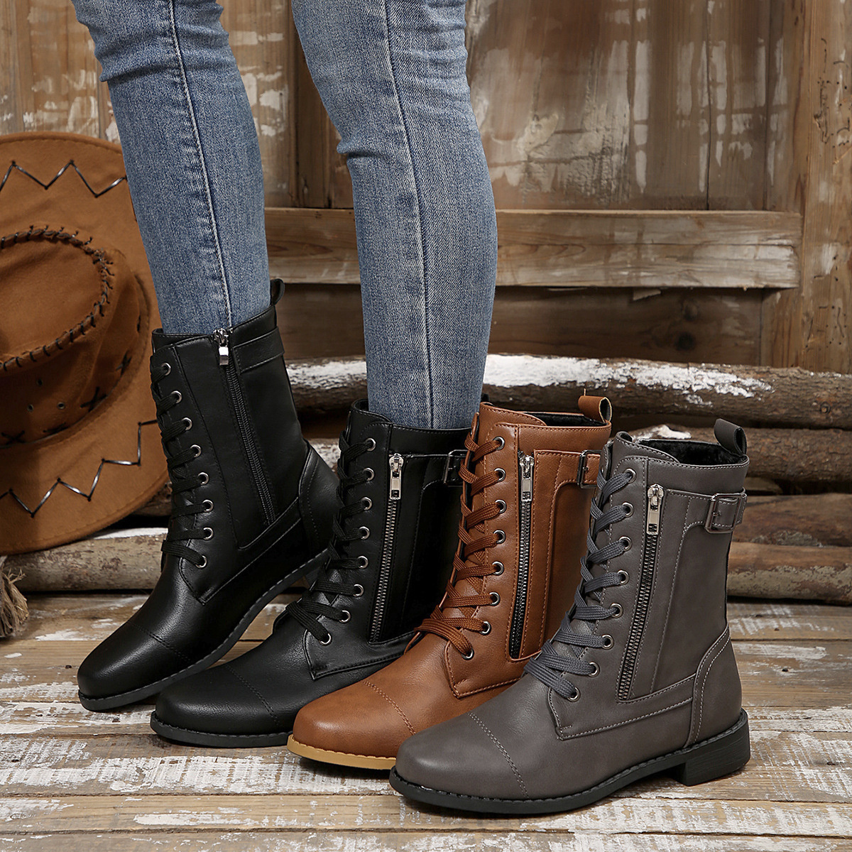 Round Toe Block Heels Boots