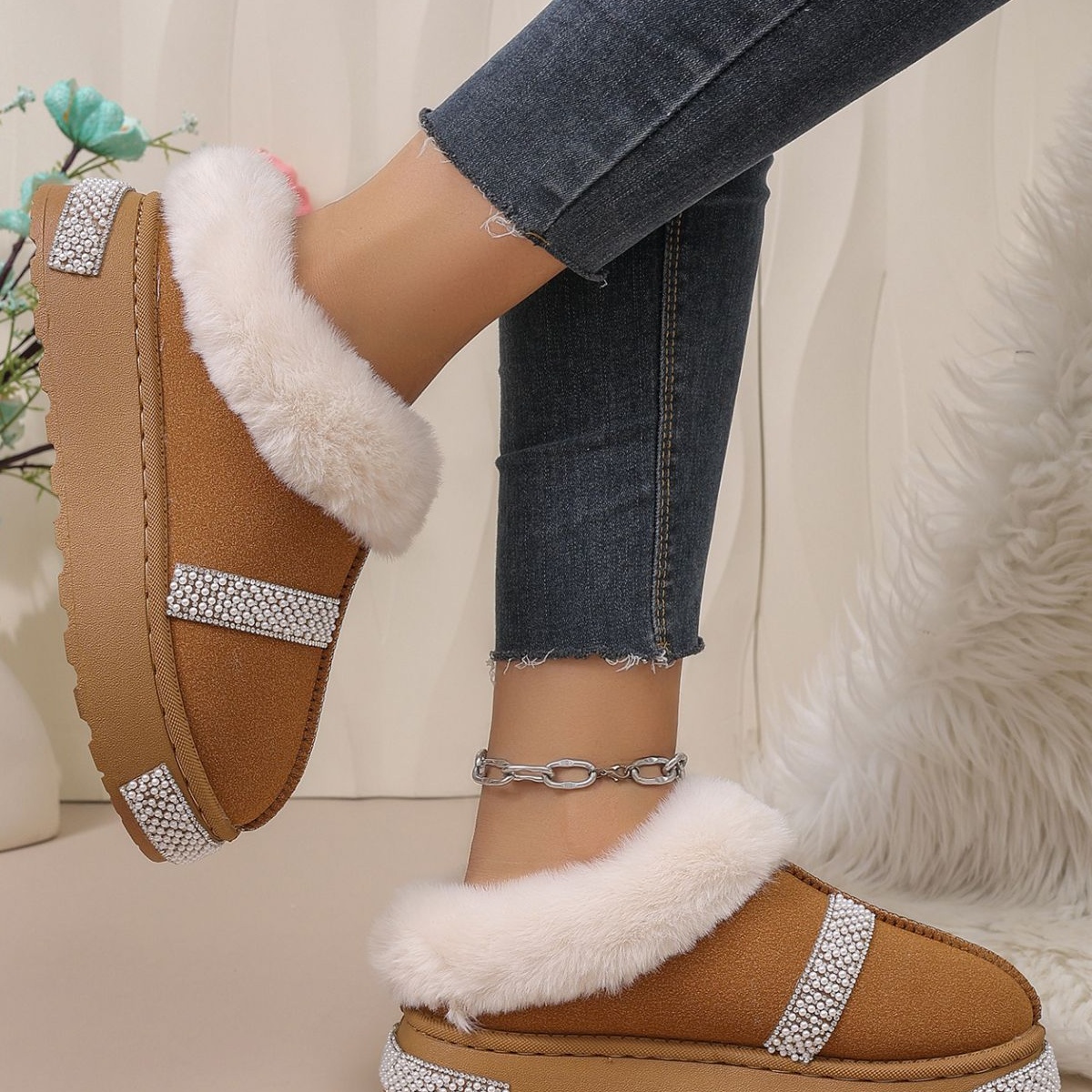 Rhinestone Embellished Faux Fur Lined Platform Boots