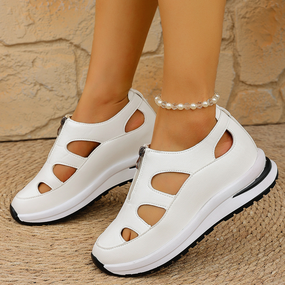 Cutout Zipper Wedge Sneakers