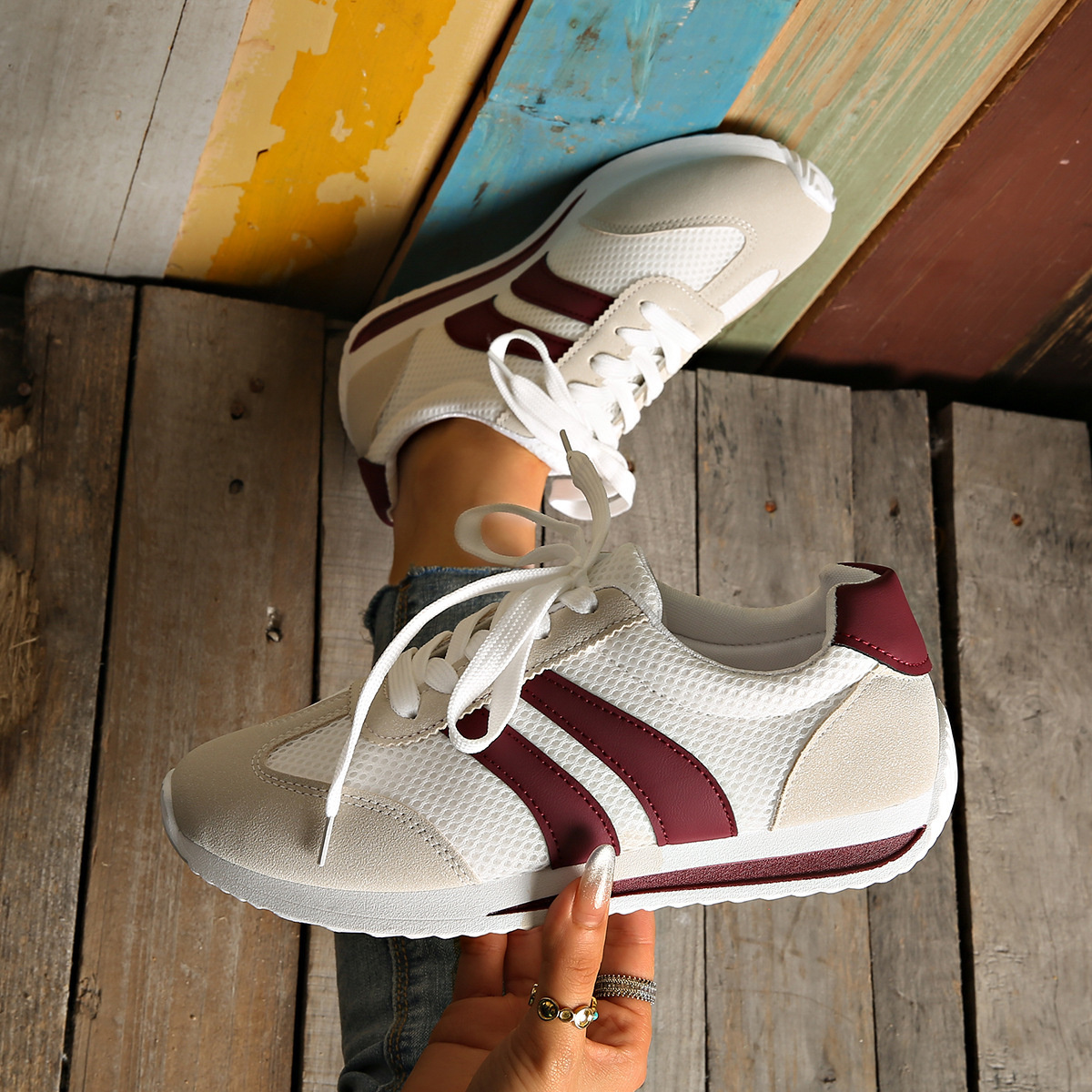 Striped Contrast Mesh Lace Up Sneakers