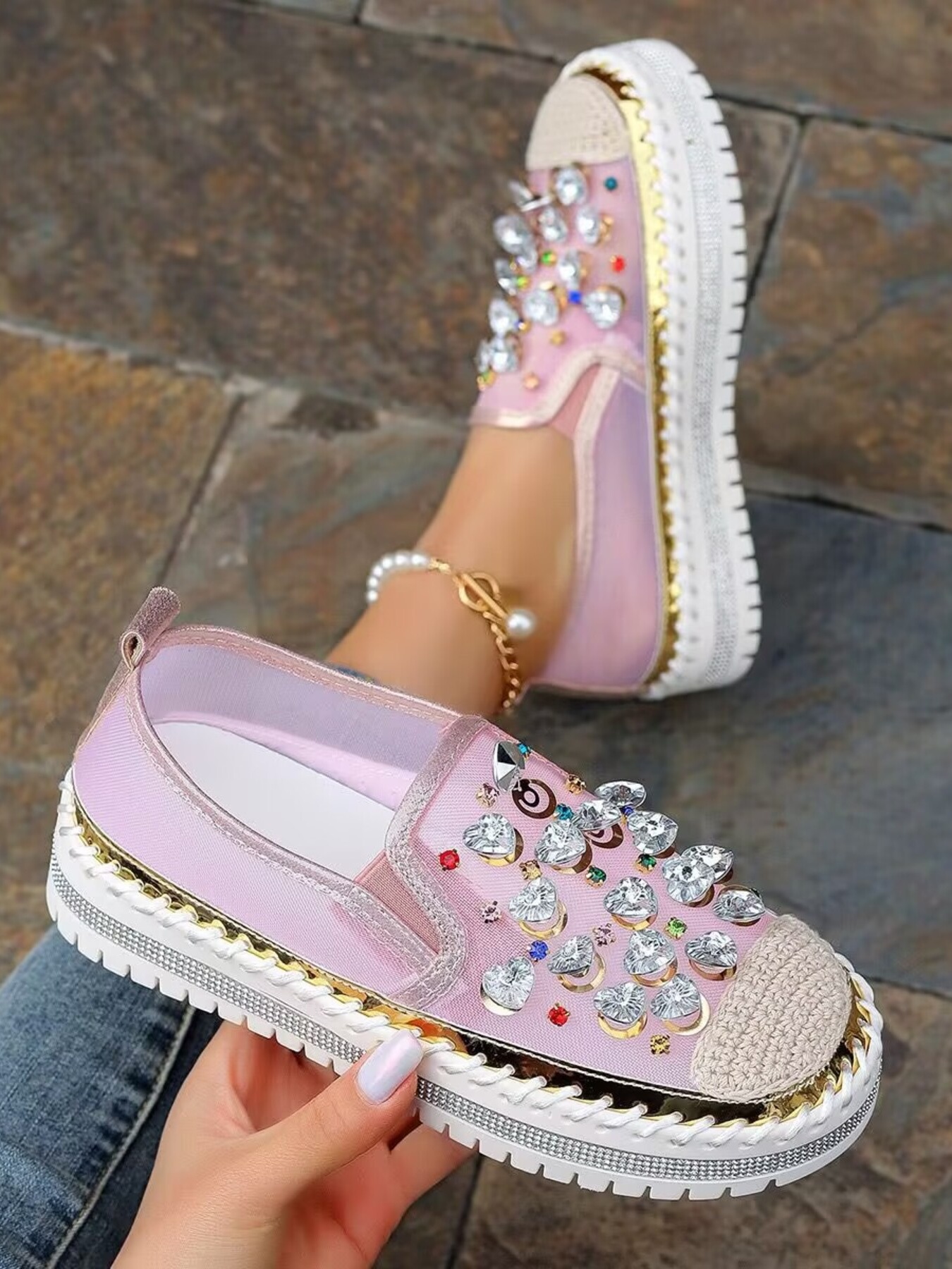 Rhinestone Embellished Platform Loafers