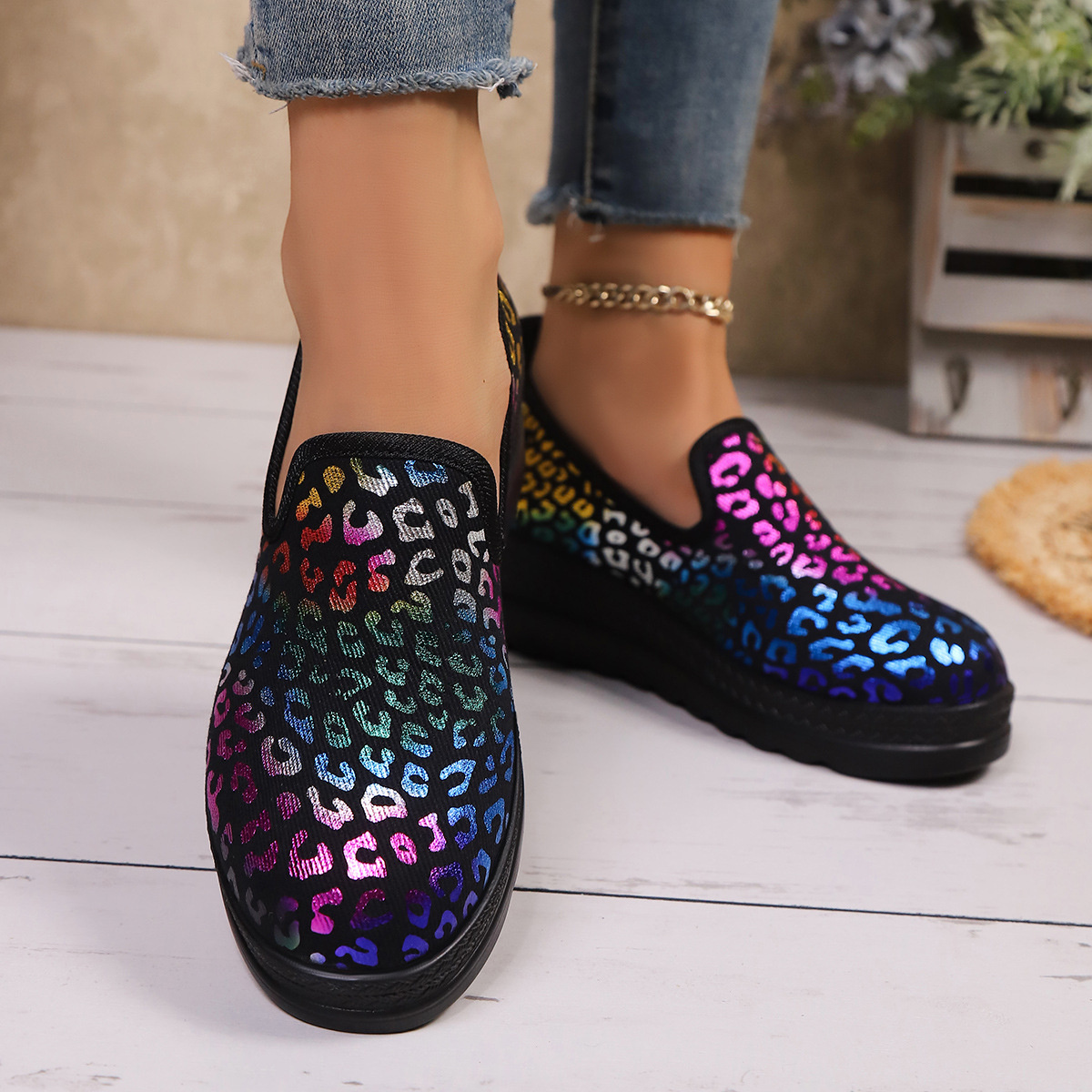 Leopard Round Toe Wedge Slip-Ons