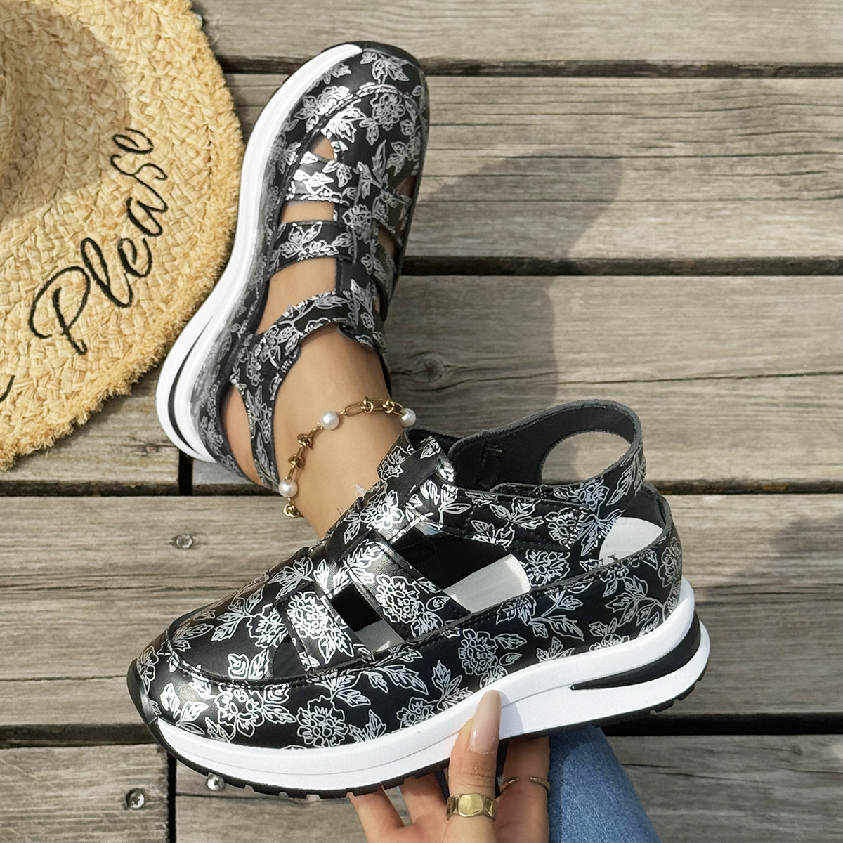 Cutout Velcro Sandals