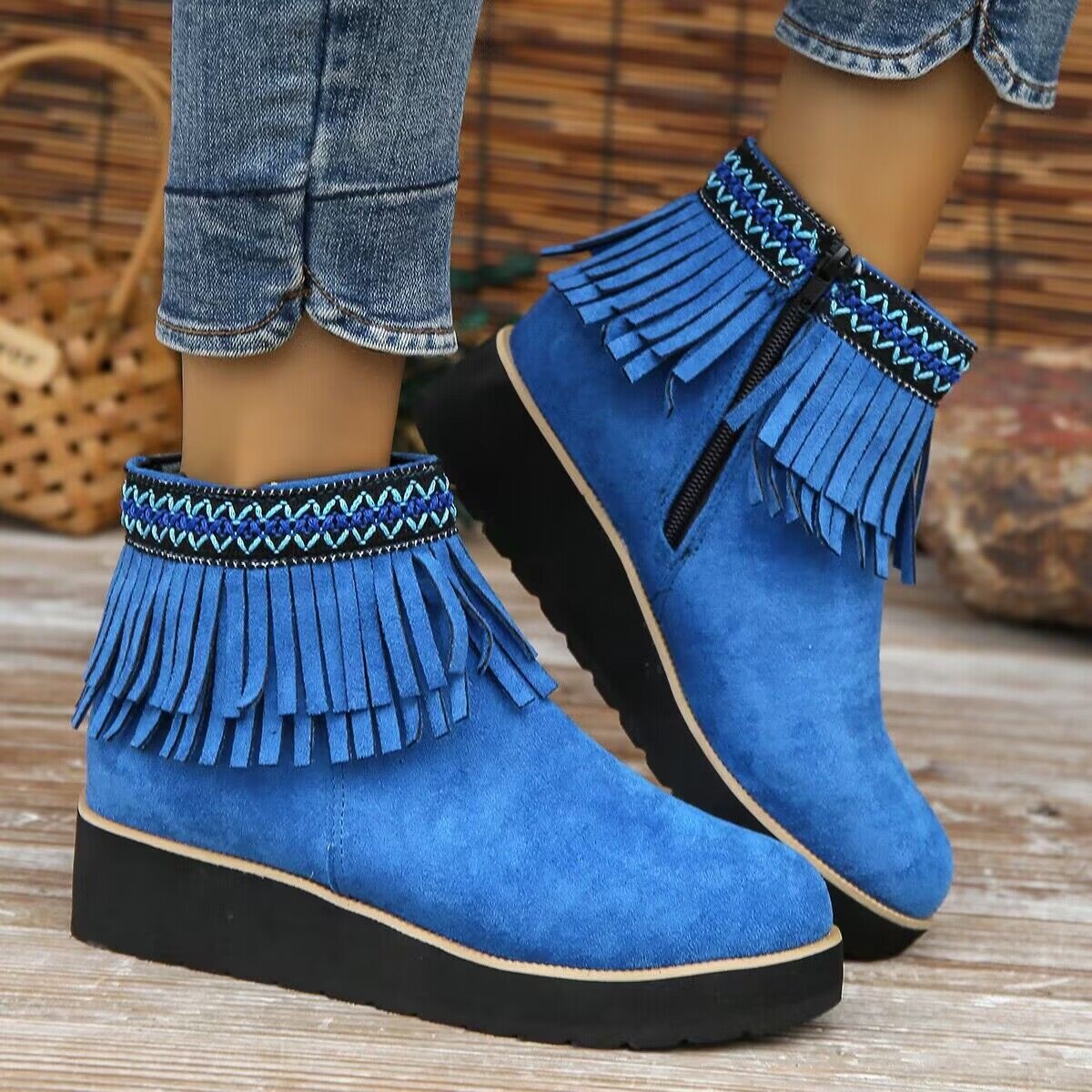 Fringe Round Toe Ankle Boots