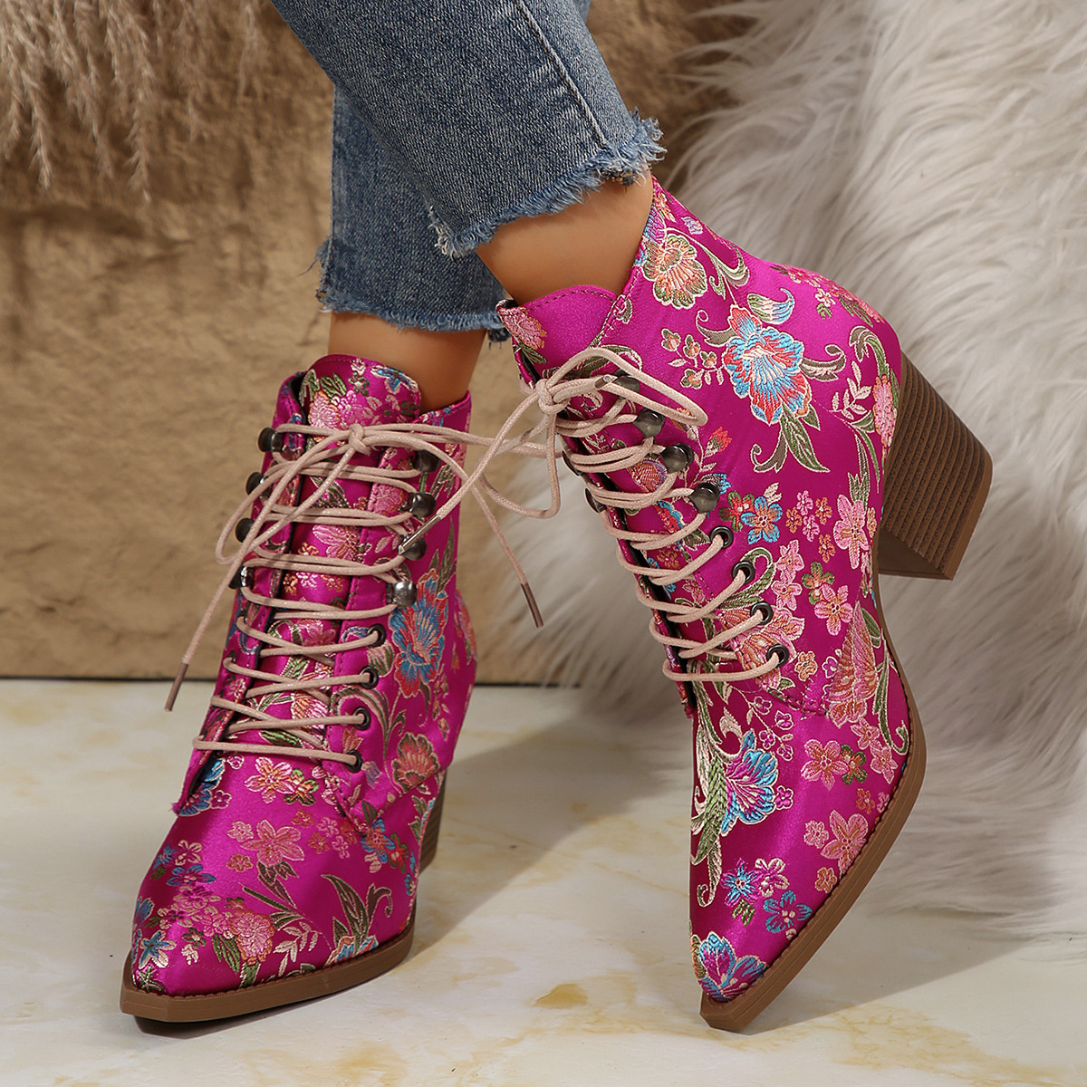 Point Toe Block Heels Boots