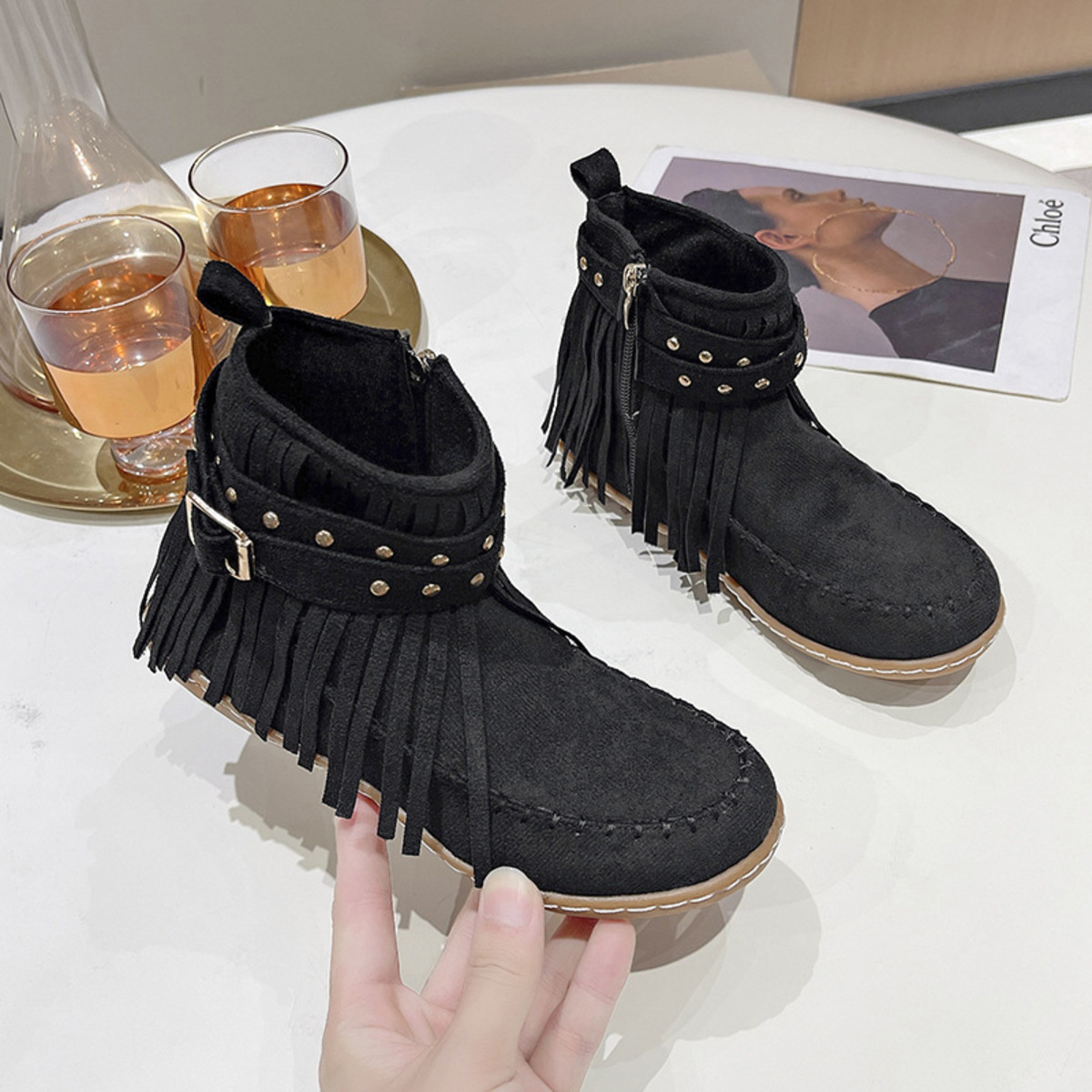 Fringe Round Toe Flats Boots