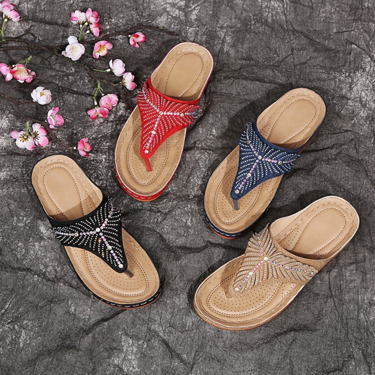 Rhinestone Toe Post Wedge Sandals