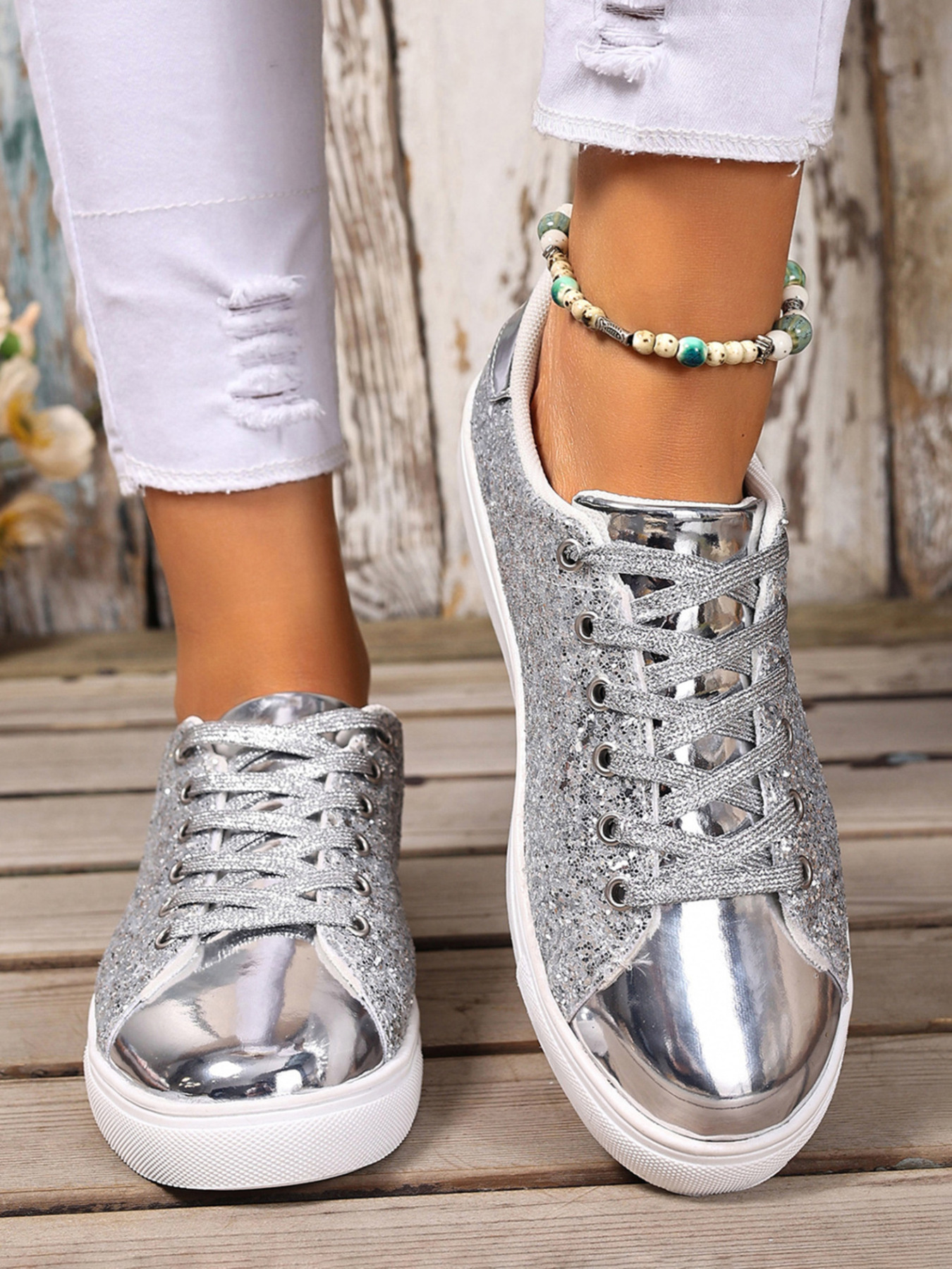 Sequin Lace Up Sneakers