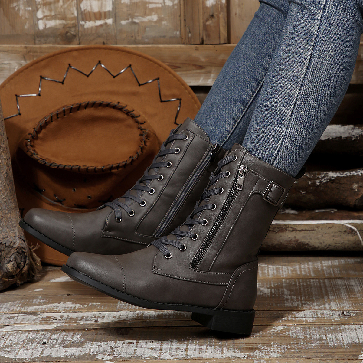 Round Toe Block Heels Boots