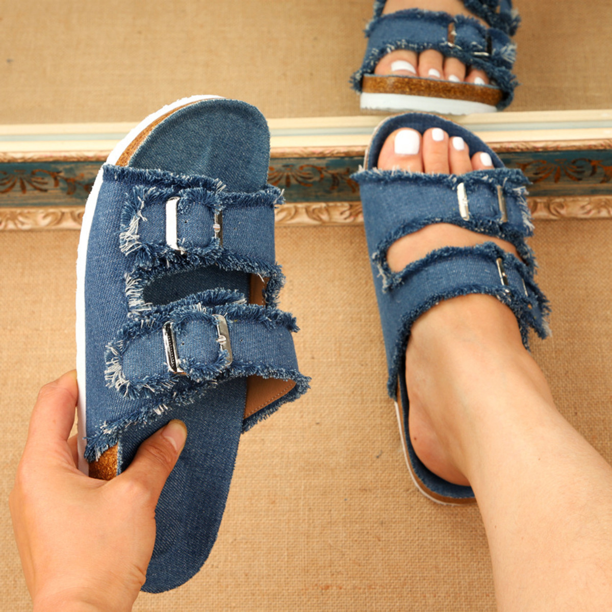 Frayed Edge Buckle Sandals