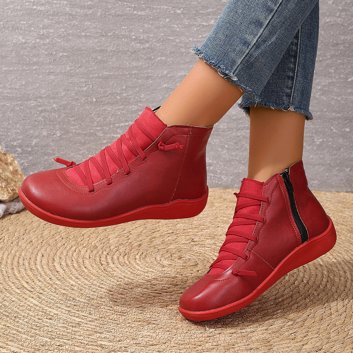 Lace-Up Faux Leather Ankle Boots