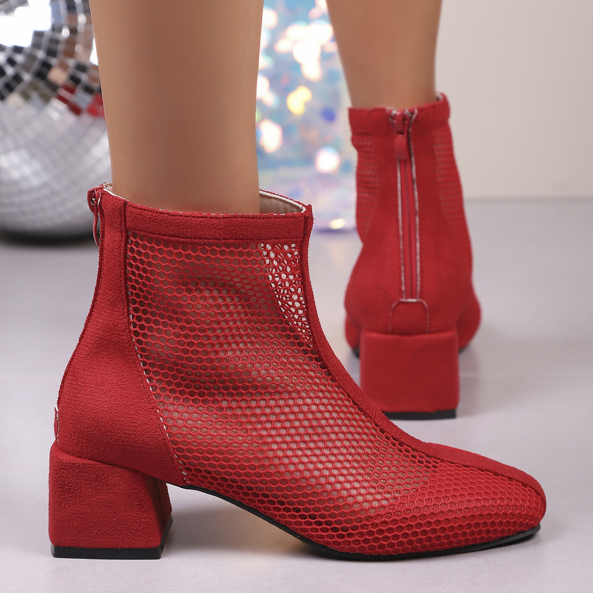 Mesh Block Heel Boots