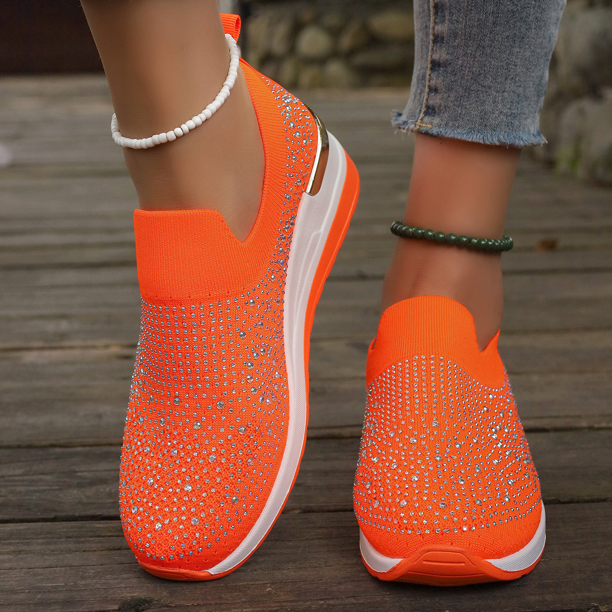 Rhinestone Round Toe Slip-Ons