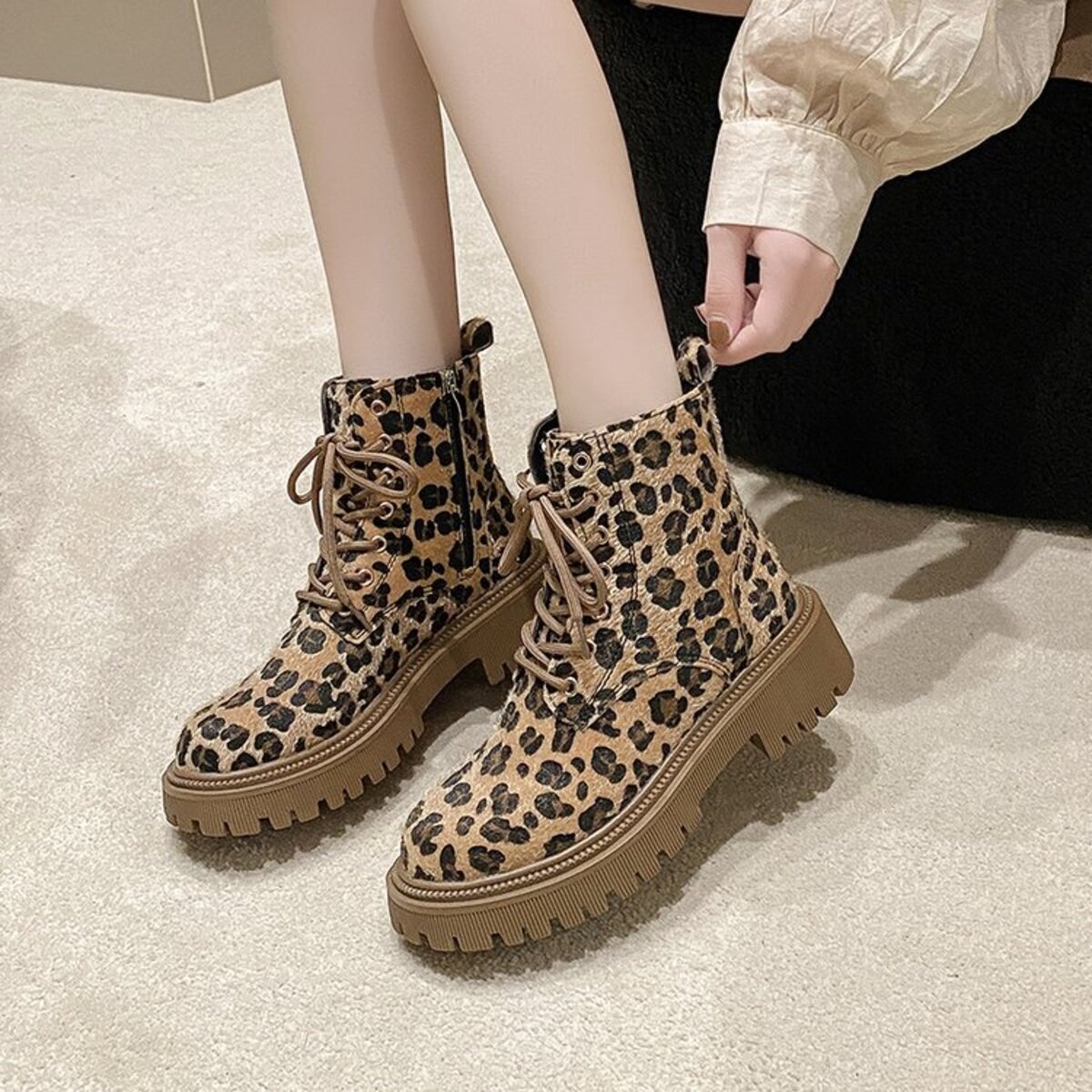 Animal Print Lace-Up Ankle Boots
