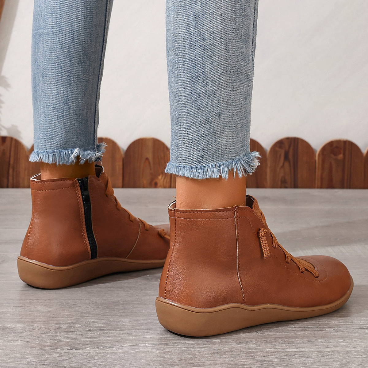 Lace-Up Faux Leather Ankle Boots