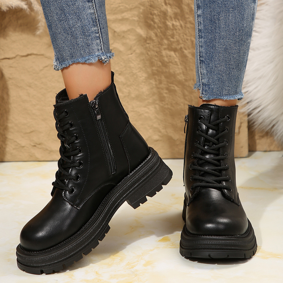 Lace Up Round Toe Platform Boots