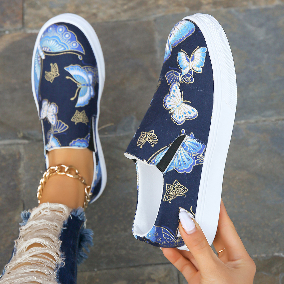 Butterfly Print Round Toe Slip-Ons