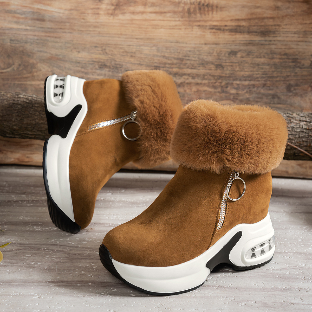 Fuzzy Side Zipper Platform Ankle Boots