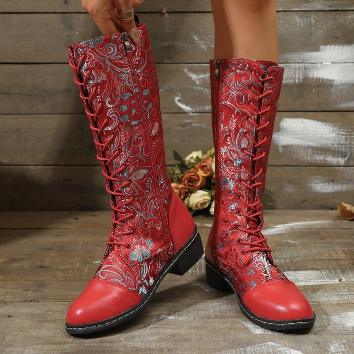 Lace Up Block Heels Boots