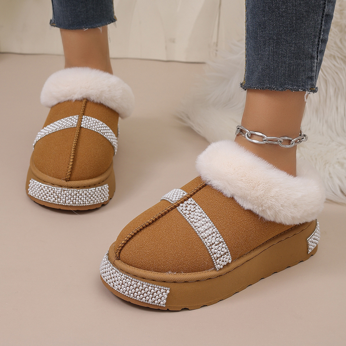 Rhinestone Embellished Faux Fur Lined Platform Boots