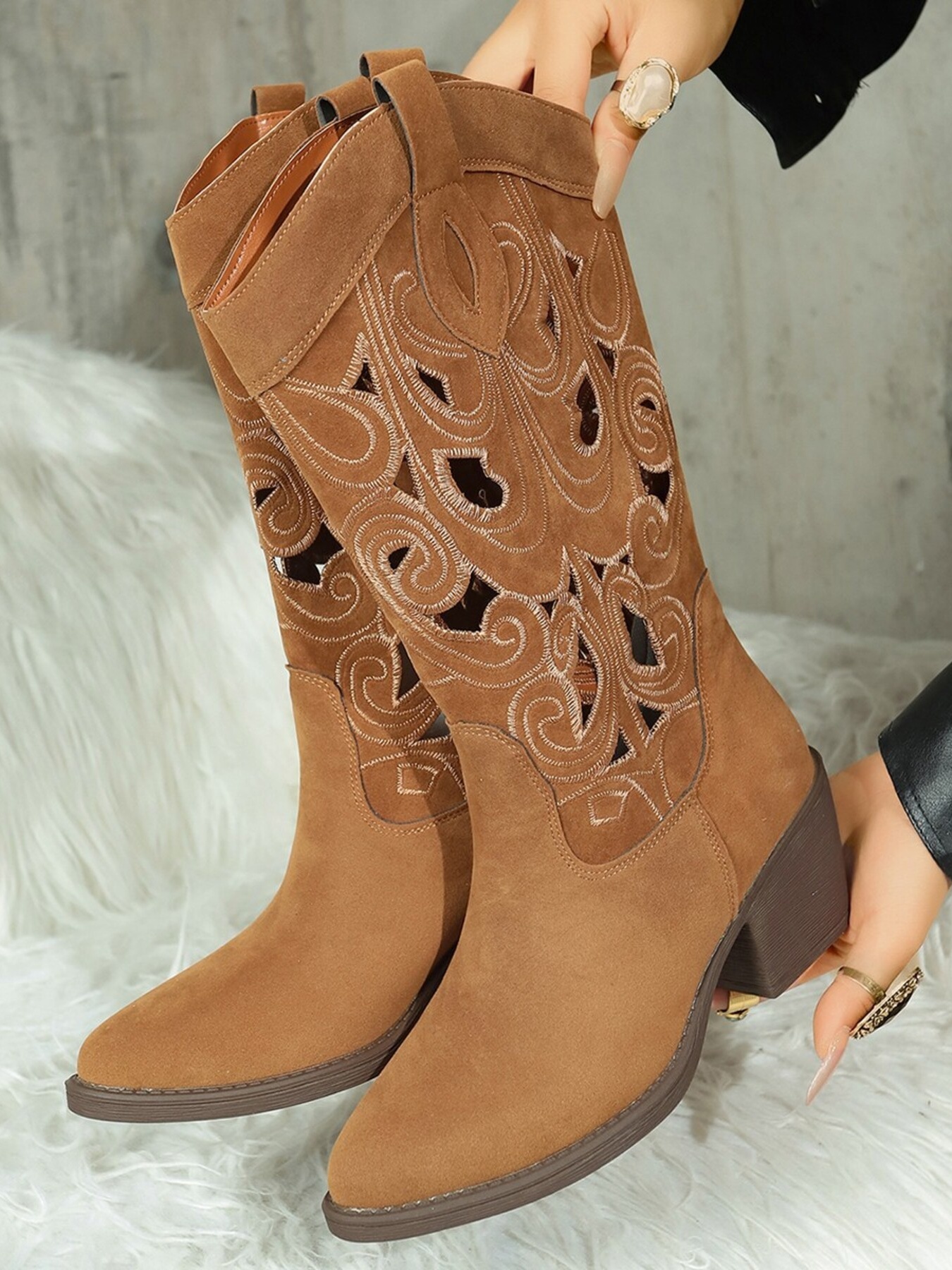 Western Cutout Pattern Block Heel Boots
