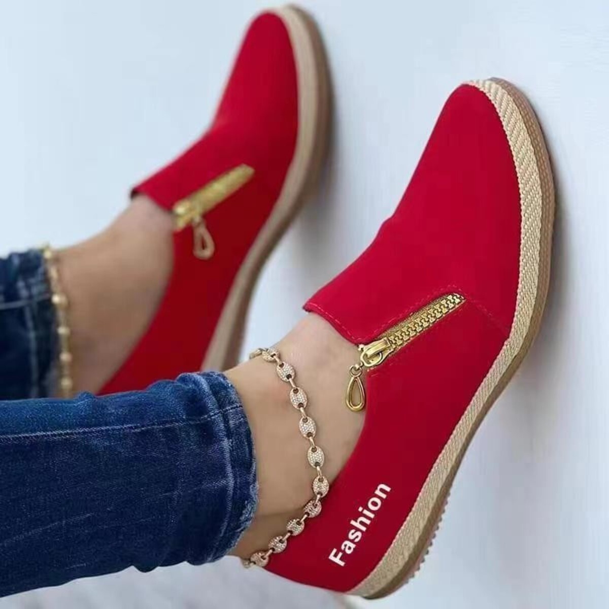 Zip Detail Round Toe Slip-Ons