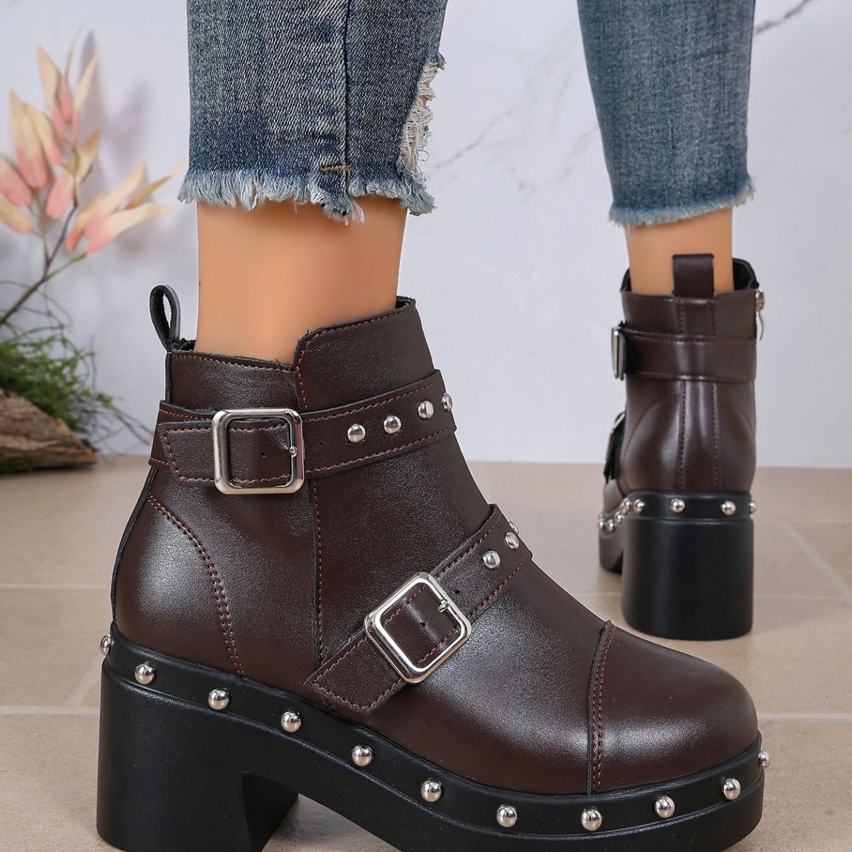 Round Toe Block Heels Boots