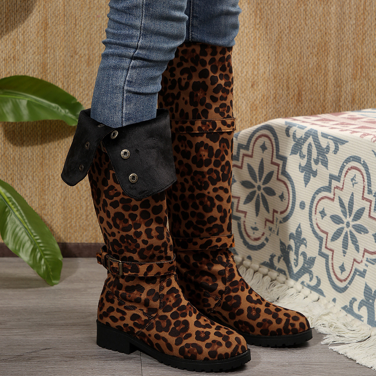 Leopard Block Heels Boots