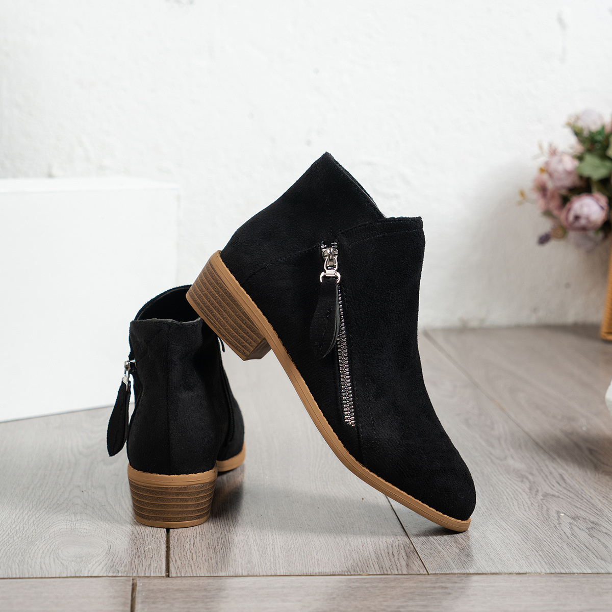 Side Zip Ankle Boots with Block Heel