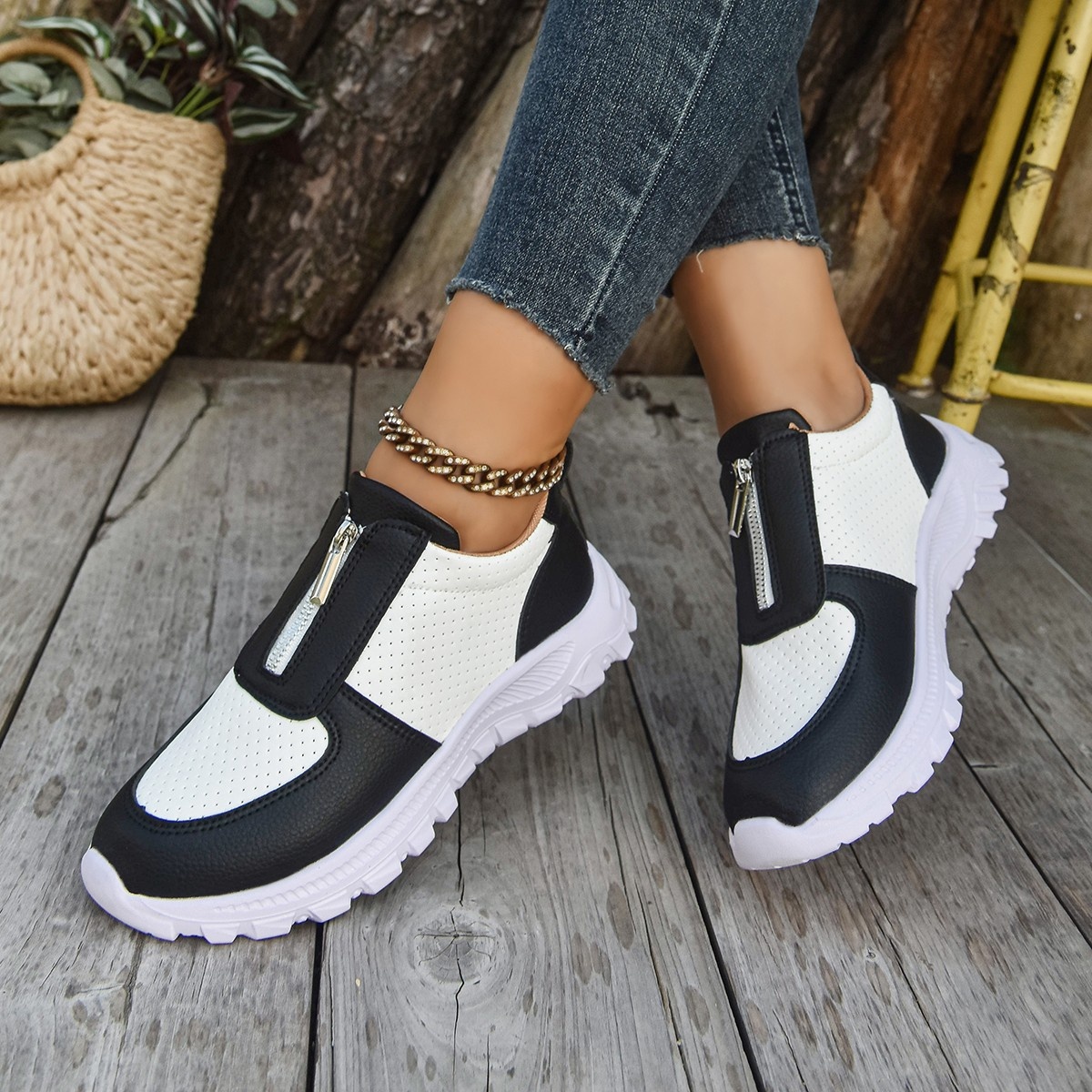 Contrast Breathable Zip Sneakers
