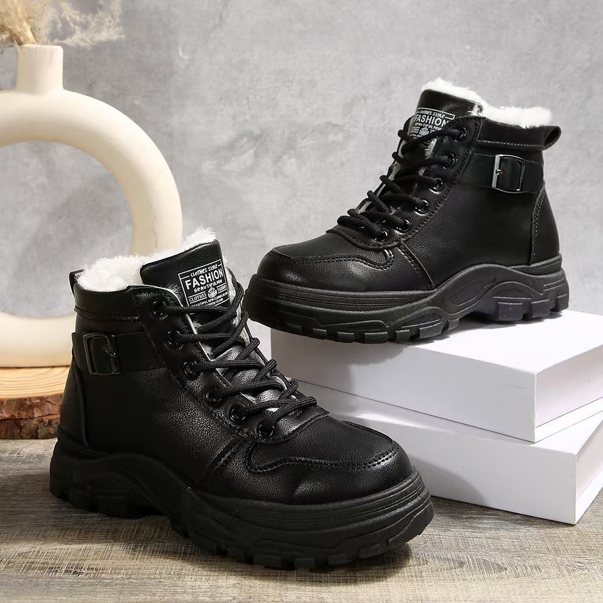 Lace-Up Ankle Boots with Buckle Detail