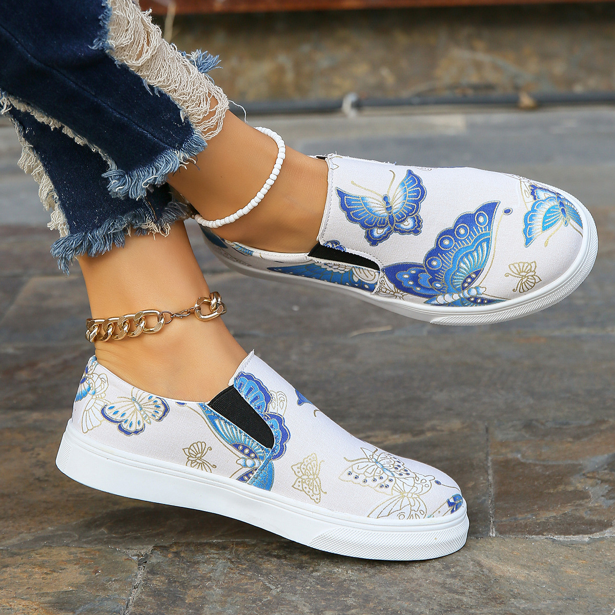 Butterfly Print Round Toe Slip-Ons