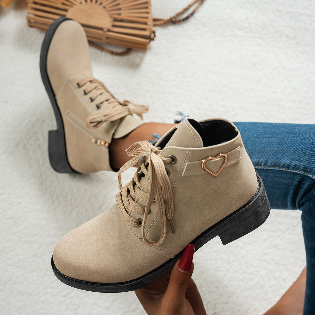 Lace-Up Ankle Boots with Heart Charm Detail