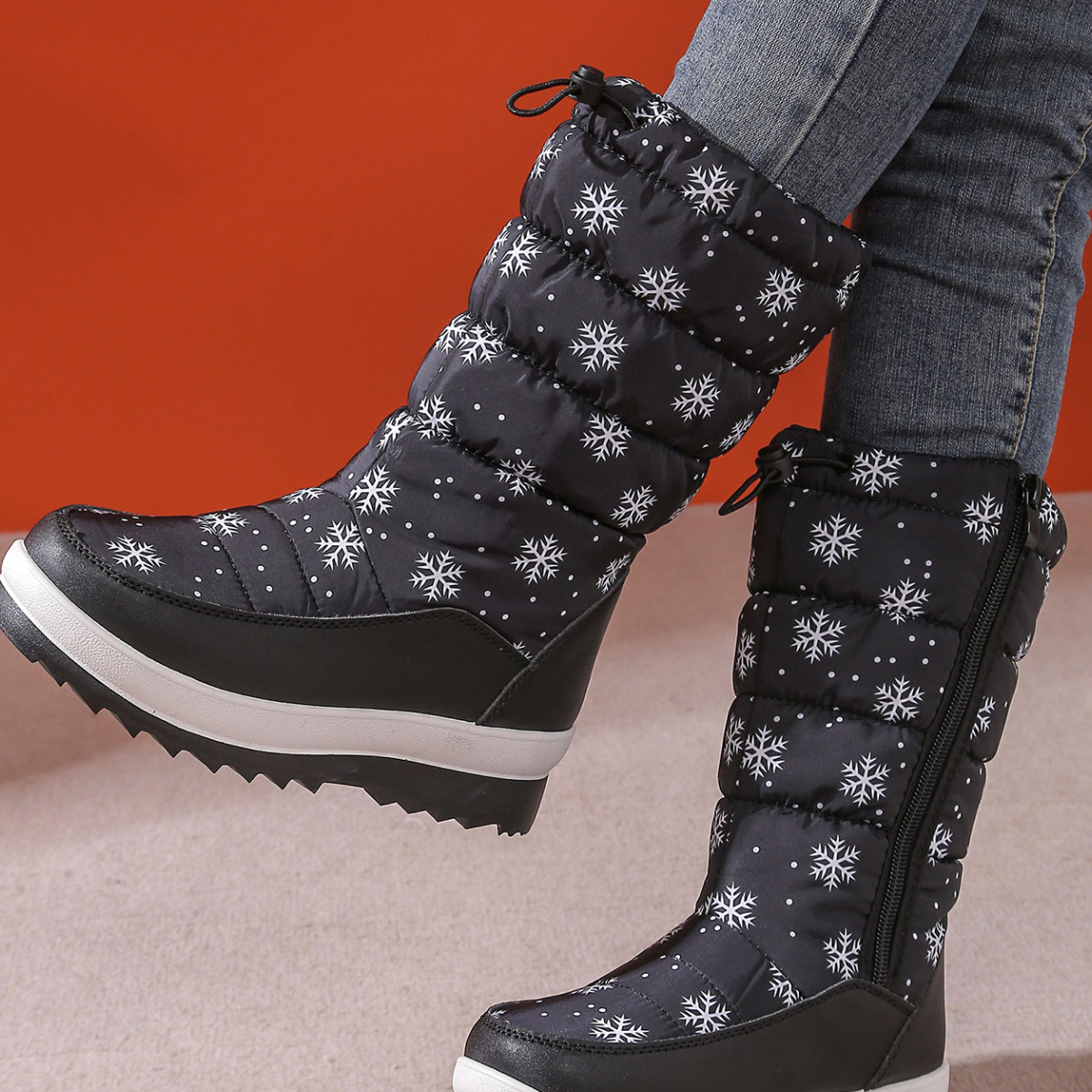 Snowflake Pattern Platform Winter Boots with Adjustable Drawstring