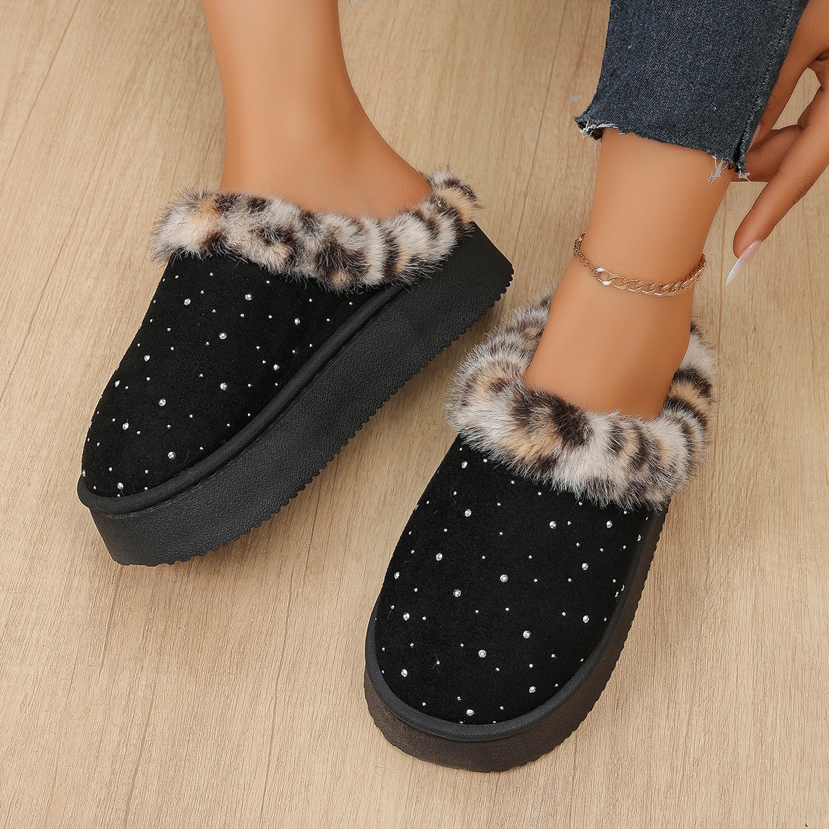 Rhinestone Faux Fur Platform Slippers